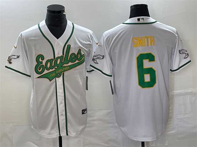 Mens Philadelphia Eagles #6 DeVonta Smith White Gold Cool Base Stitched Baseball Jersey